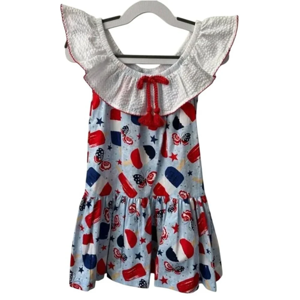 Bonnie Jean Girls Patriotic Popsicle Dress Ruffle Neck Size 2/2T Americana Summe